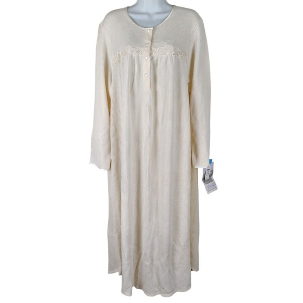 vintage NOS Comforts by Shadowline Ivory Waffle Knit Lace Nightgown XL Sleepwear